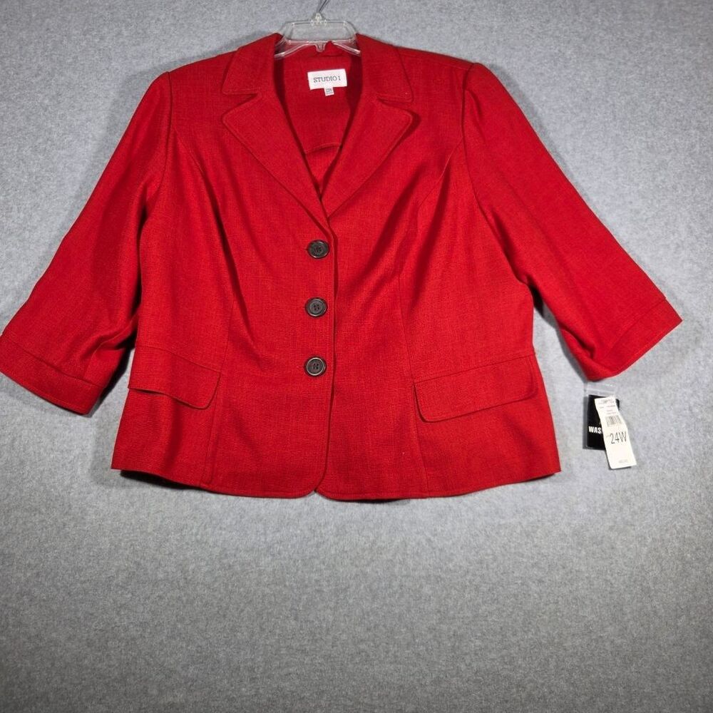 Studio I Womens 24W Red Blazer 3/4 Sleeve 3-Button Lined Jacket NWT Plus Size